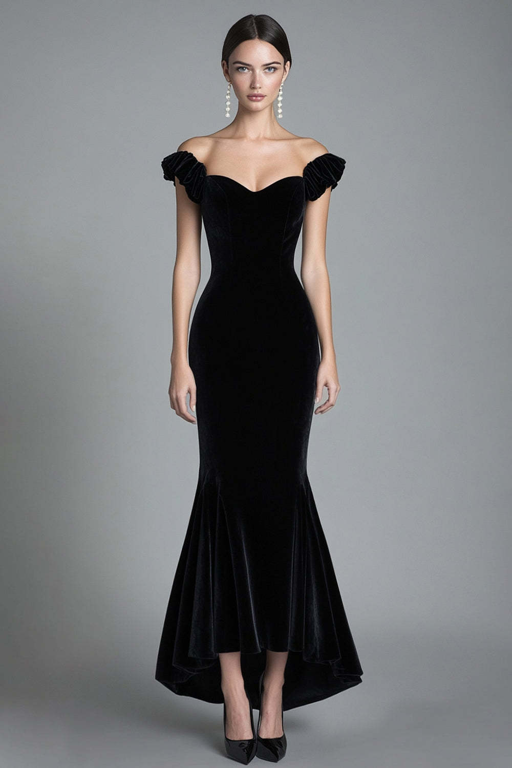 Mermaid Black Velvet Wedding Guest Dress Off The Shoulder Long Velvet Formal Dress