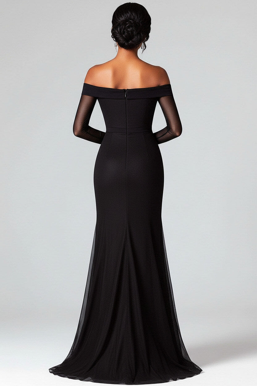 Dressystars Mermaid Black Wedding Guest Dress Off The Shoulder Formal Dress With Mesh Long Sleeves