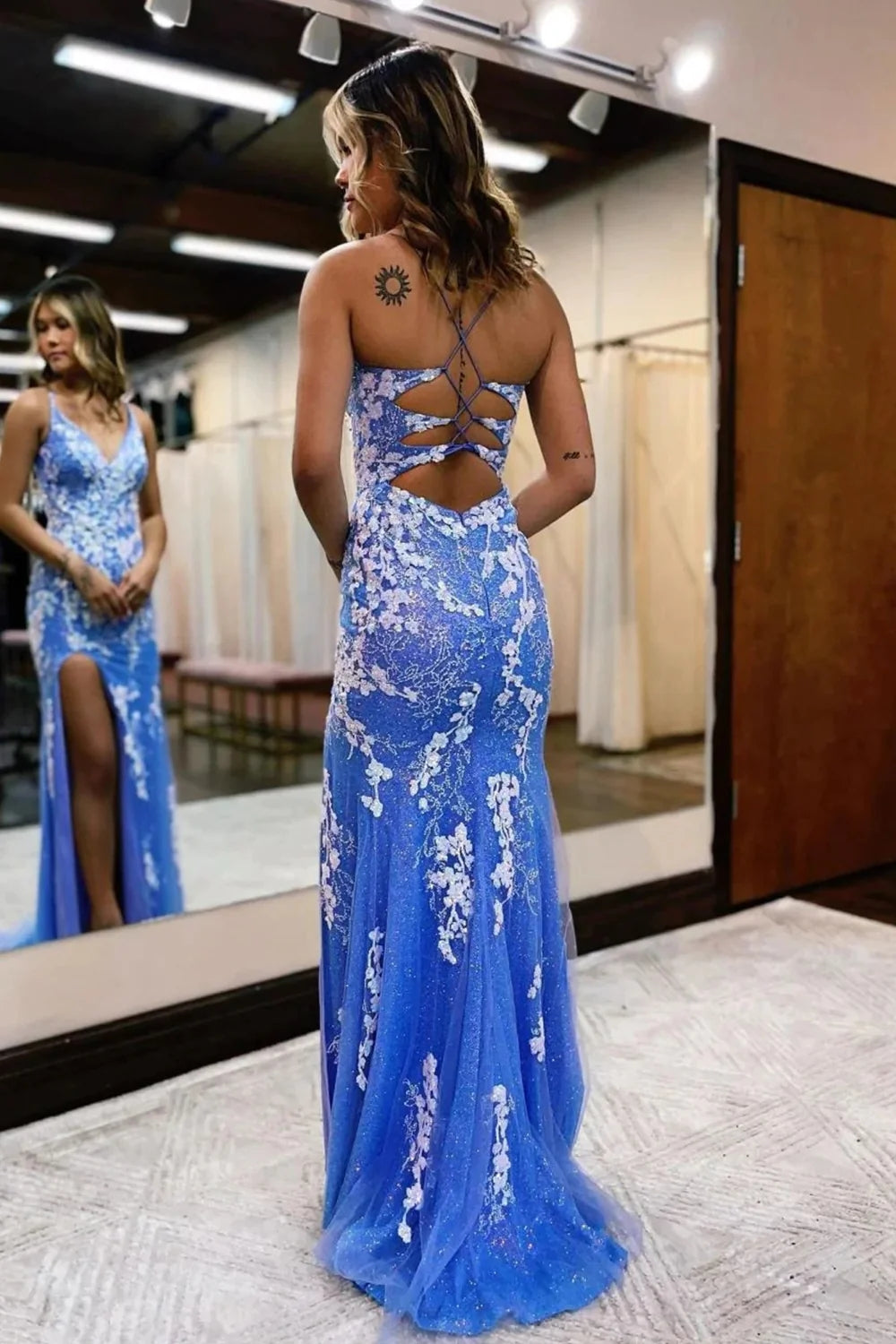 Mermaid Blue Prom Dress Lace Long Evening Dress With Split