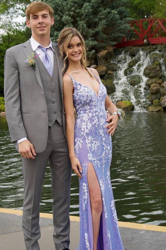 Mermaid Blue Prom Dress Lace Long Evening Dress With Split