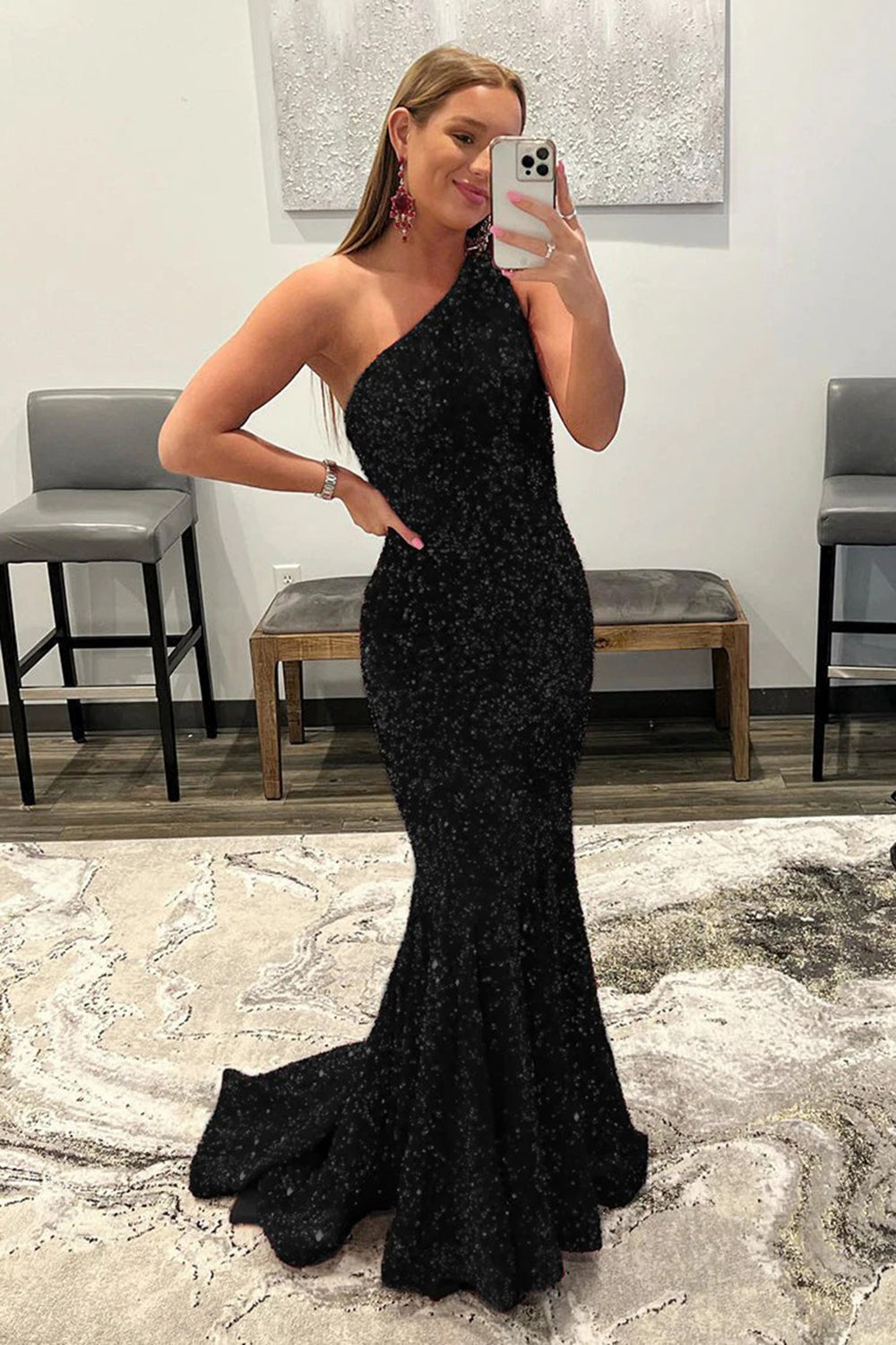 Mermaid Glitter Sequined One Shoulder Long Prom Dress