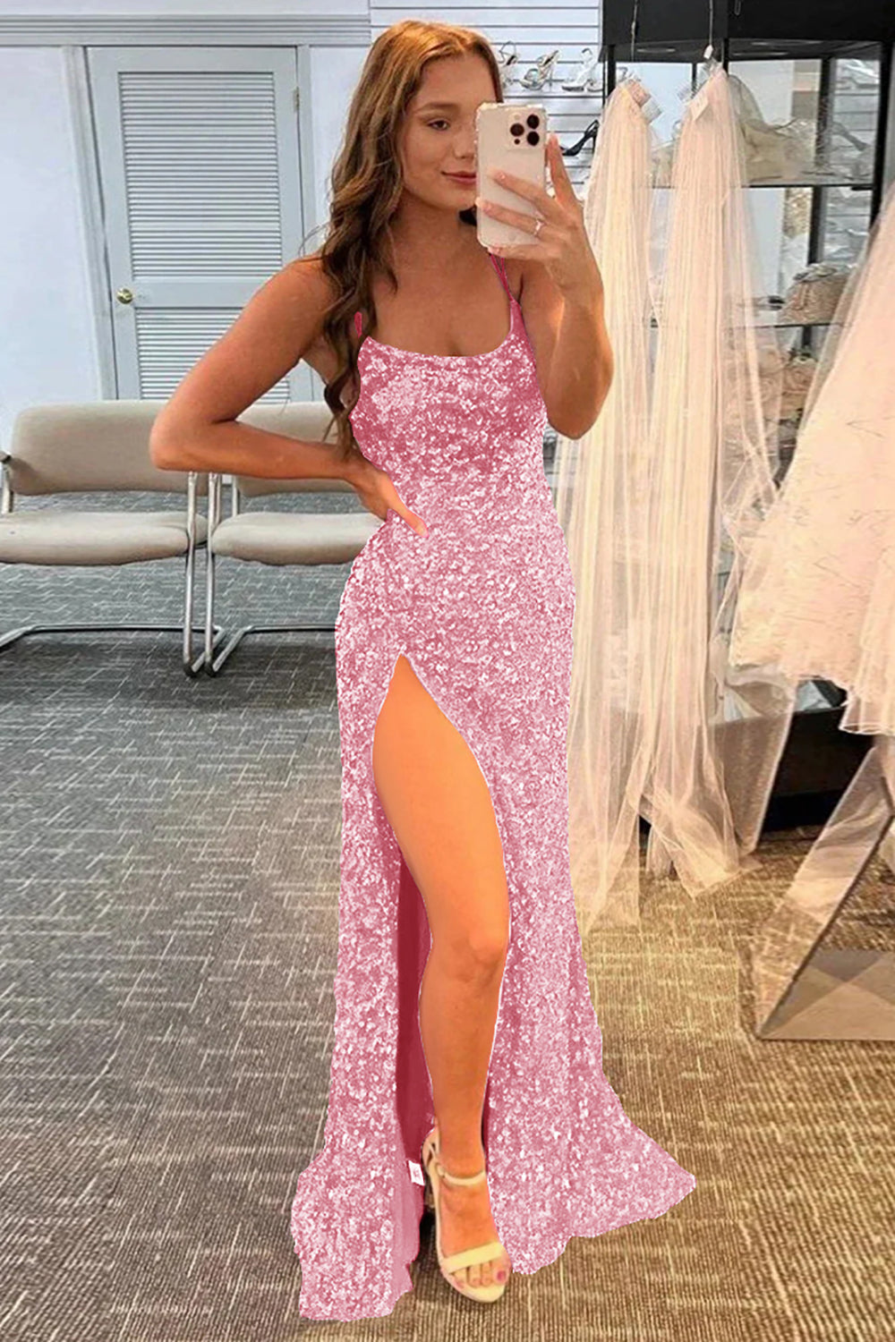 Mermaid Glitter Sequins Hot Pink Backless Long Prom Dress