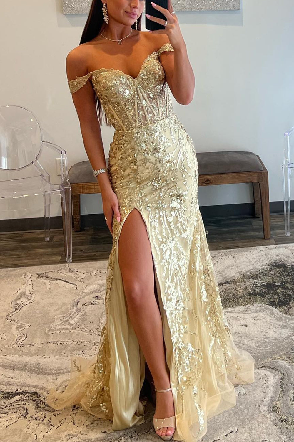 Mermaid Golden Long Sequins Prom Dress With Slit