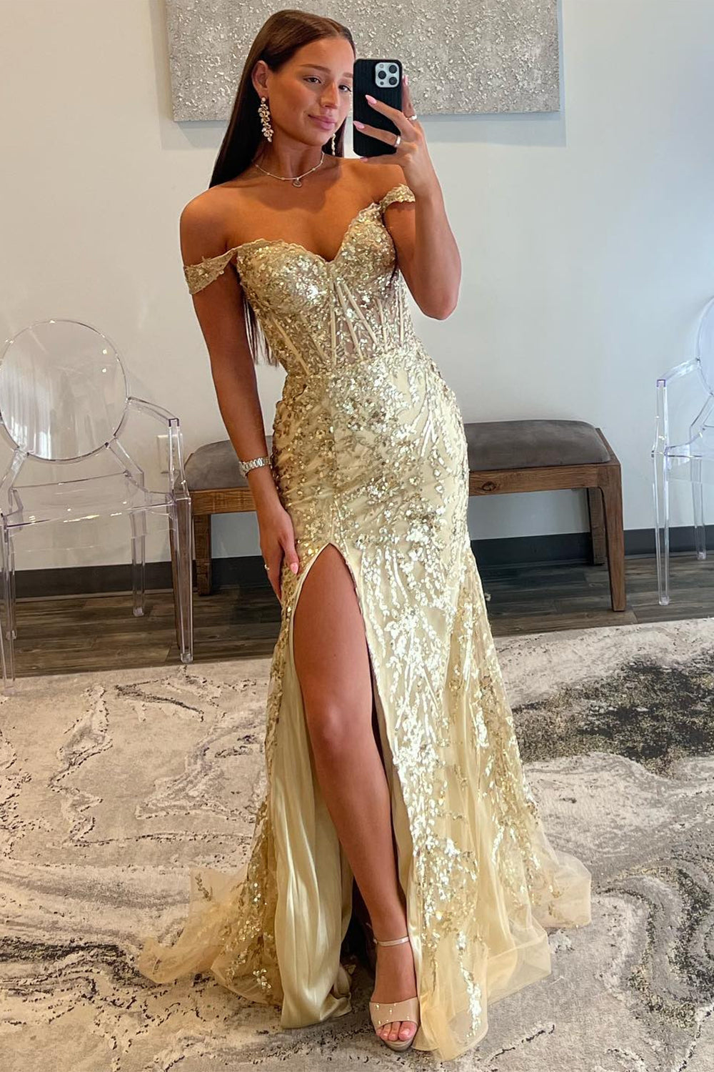 Mermaid Golden Long Sequins Prom Dress With Slit