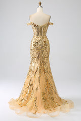 Mermaid Golden Prom Dress Long Metallic Sequined Evening Dress