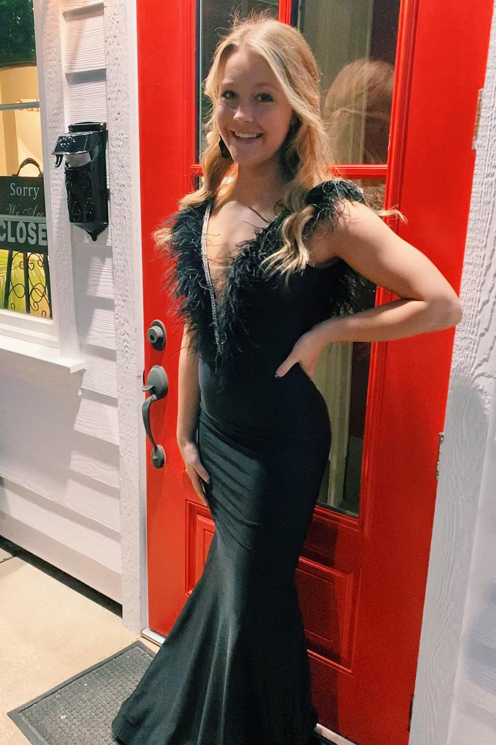 Mermaid Grey Deep V Neck Beaded Prom Dress with Feathers