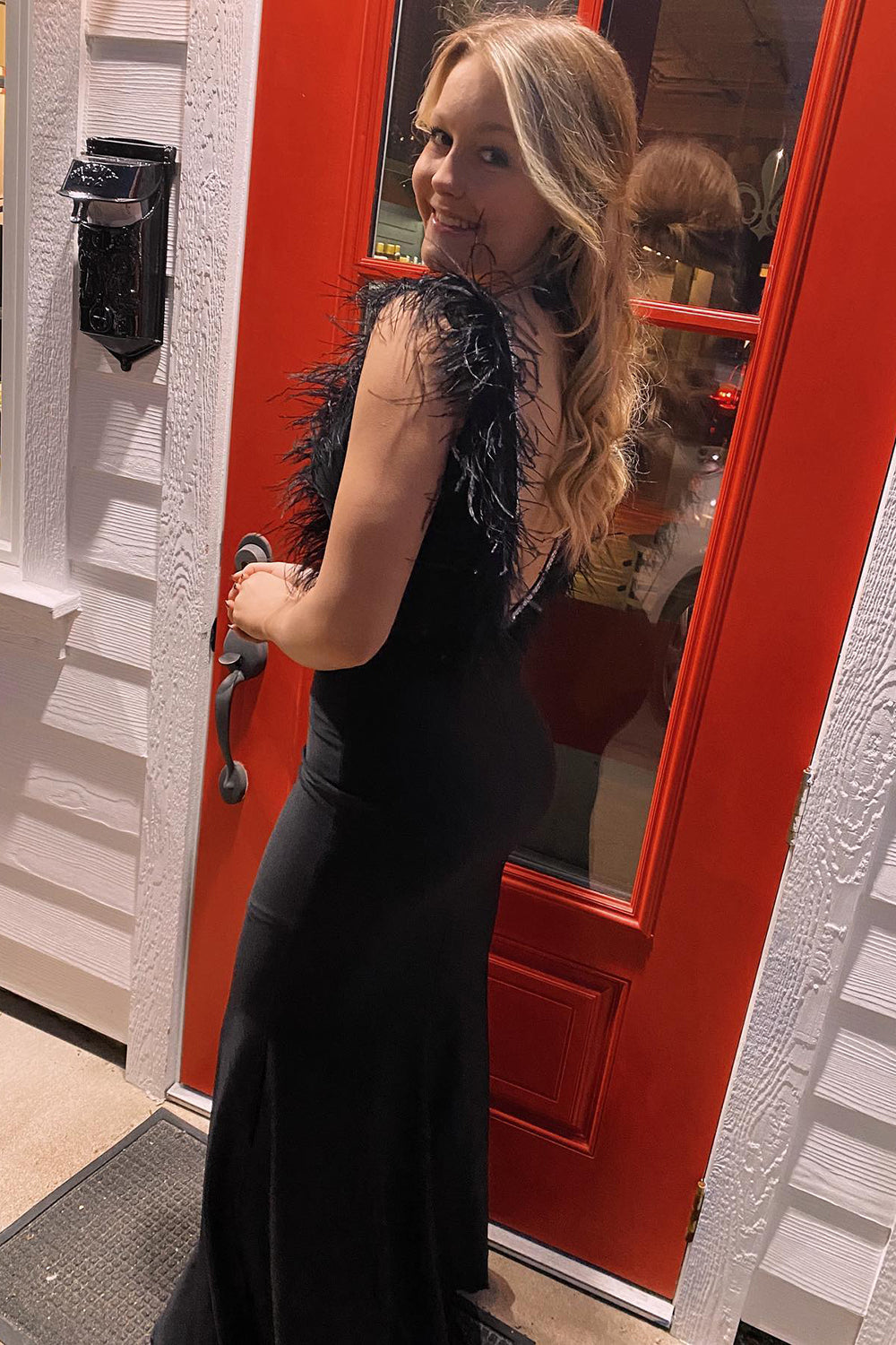 Mermaid Grey Deep V Neck Beaded Prom Dress with Feathers