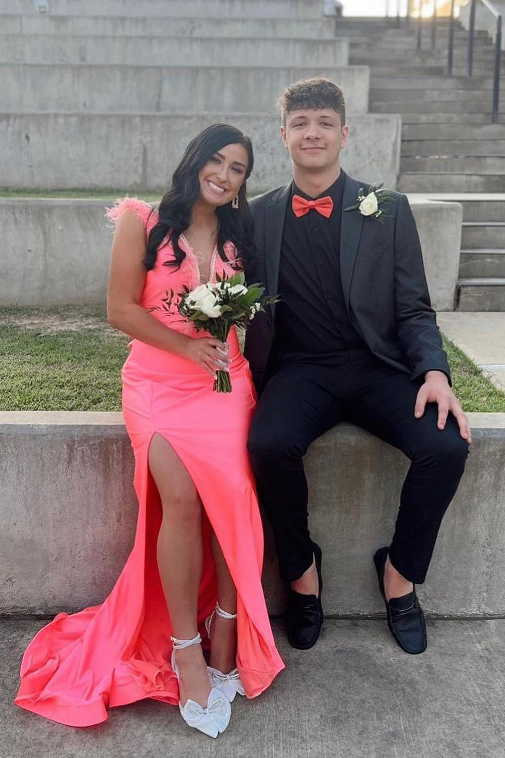 Mermaid Grey Deep V Neck Beaded Prom Dress with Feathers