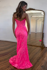 Mermaid Hot Pink Prom Dress Strapless Corset Evening Dress with Appliques