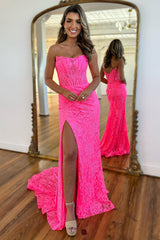 Mermaid Hot Pink Prom Dress Strapless Corset Evening Dress with Appliques