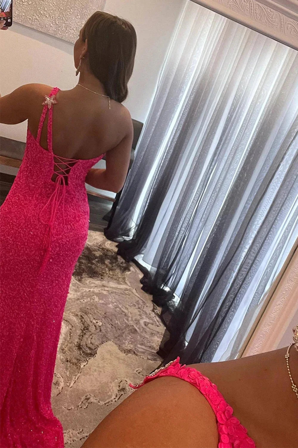 Mermaid Hot Pink Stars Sequins Prom Dress