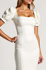 Mermaid Ivory Square Neck Crepe Long Formal Dress With Puff Sleeves