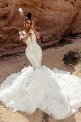 Mermaid Lace Off The Shoulder Sleeveless White Wedding Dress Bridal Gown With Beading