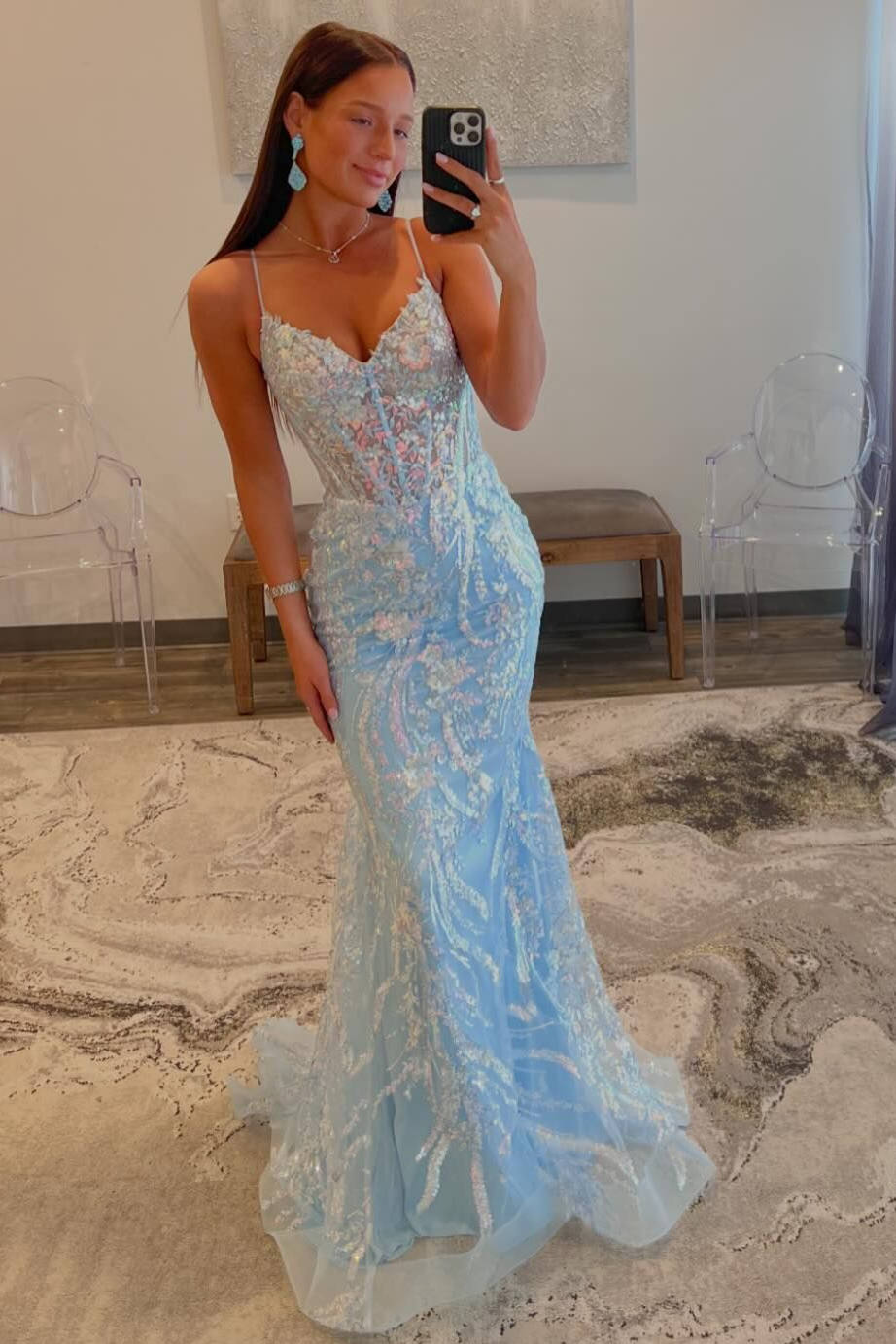 Mermaid Light Blue Prom Dress V Neck Sequin Appliques Evening Dress