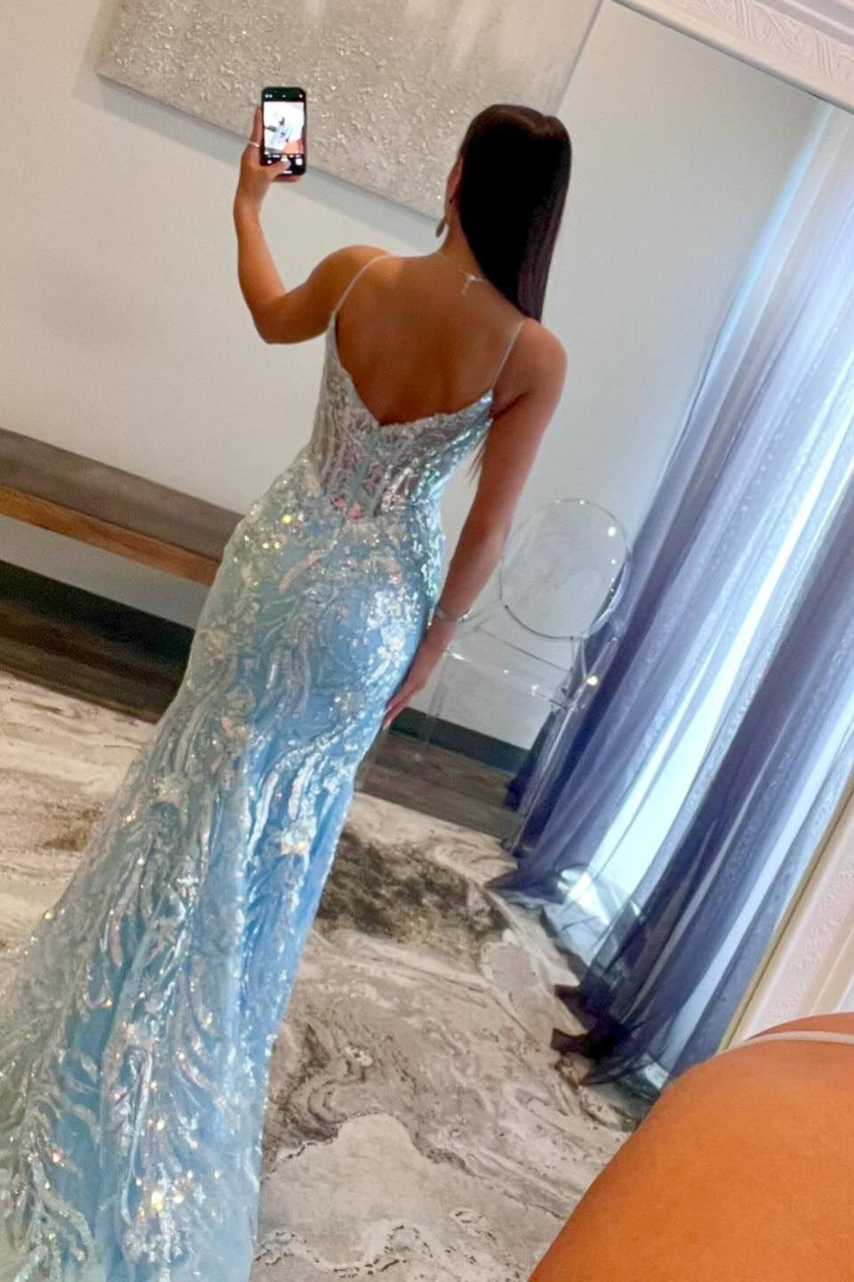 Mermaid Light Blue Prom Dress V Neck Sequin Appliques Evening Dress