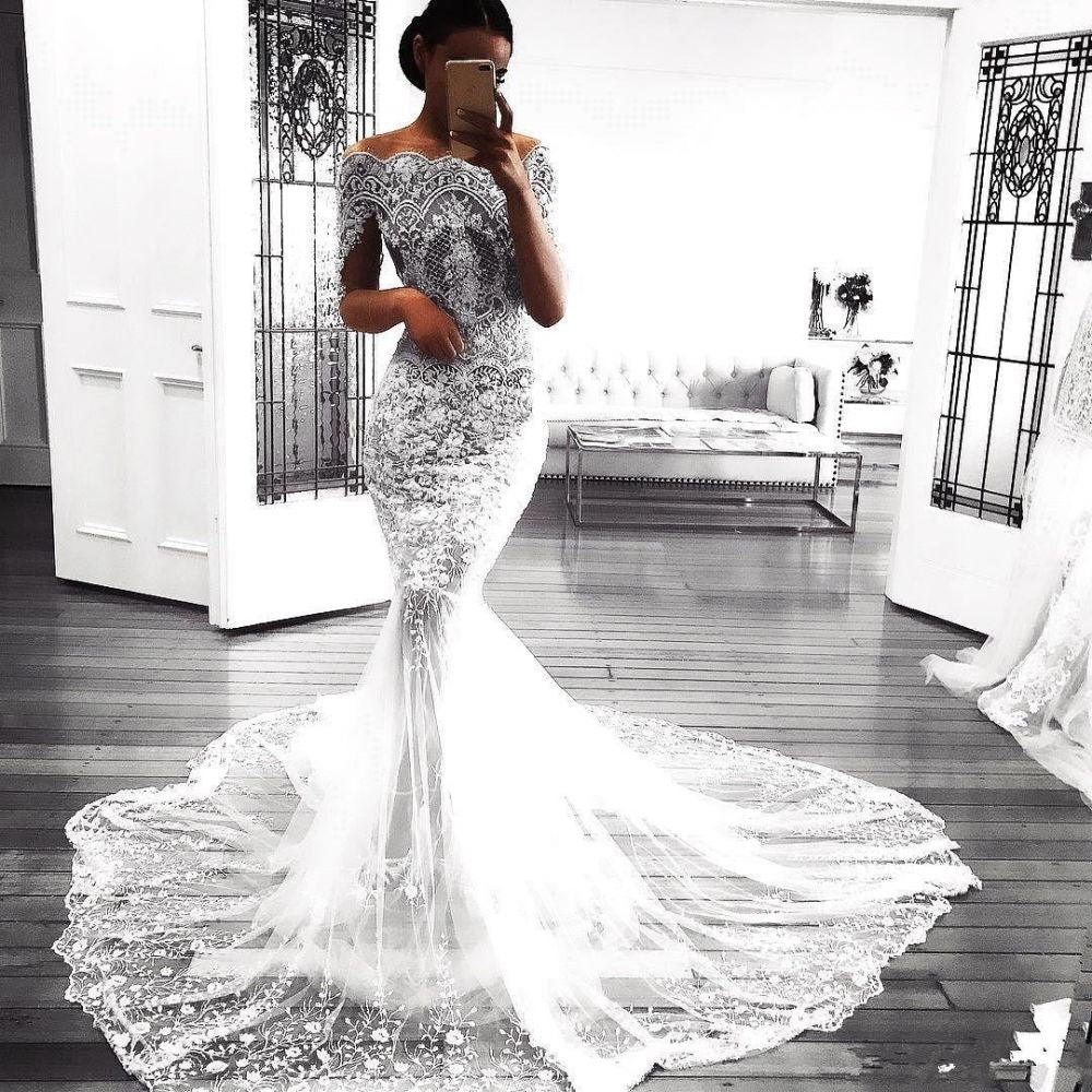 Mermaid Long Sleeve Lace Tulle Wedding Dress Tulle Bridal Dress