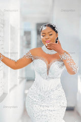 Mermaid Long Sleeve Wedding Dress Luxury Beaded Bridal Gown with Ruffled Skirt