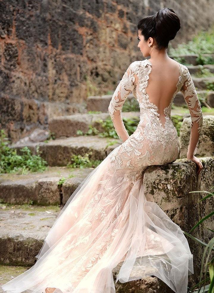 Mermaid Long Sleeves Ivory Lace Wedding Dress Tulle Appliques Bridal Dress