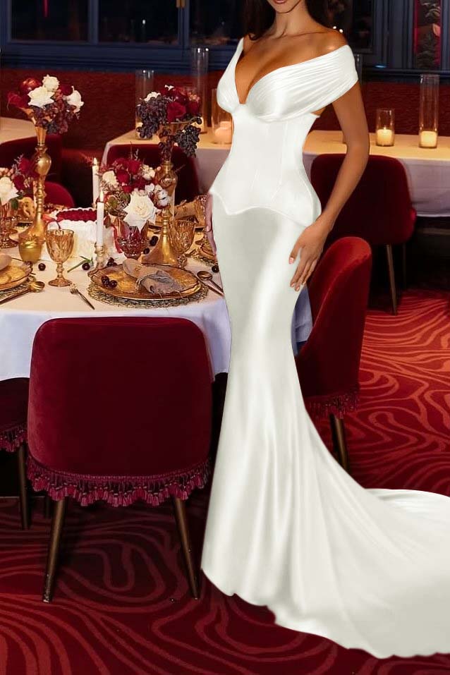 Mermaid Off the Shoulder Prom Dress Cap Sleeve Satin Formal Dress