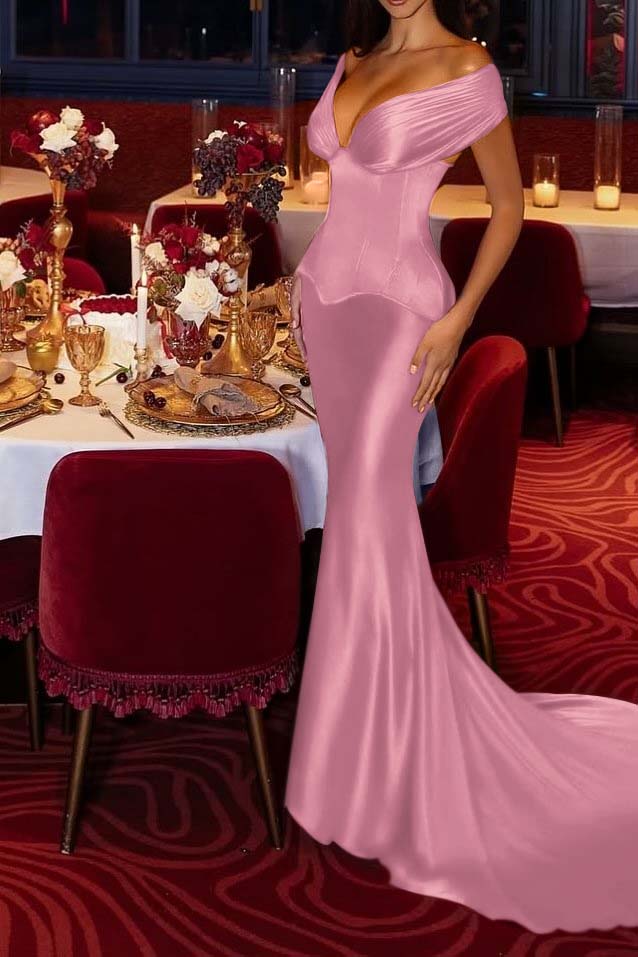 Mermaid Off the Shoulder Prom Dress Cap Sleeve Satin Formal Dress