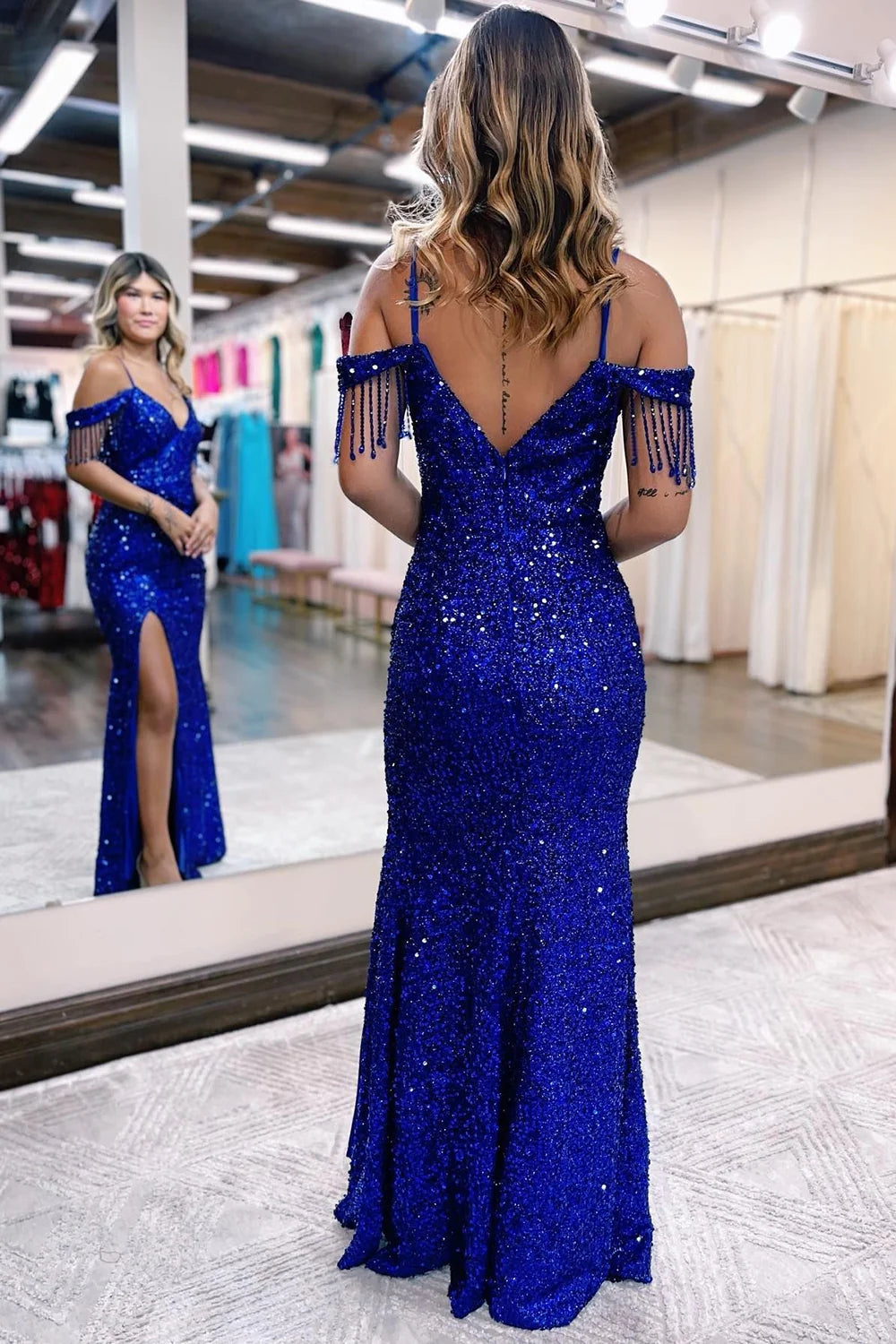 Mermaid Off the Shoulder Sequin Evening Dress with Fringe
