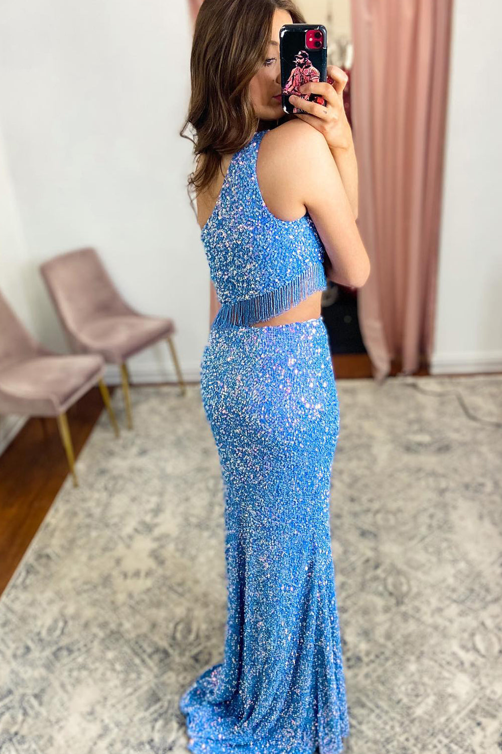 Mermaid One Shoulder Blue Prom Dress Sequined Long Evening Dress with Split Front
