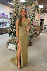Mermaid One Shoulder Blue Prom Dress Sequined Long Evening Dress with Split Front