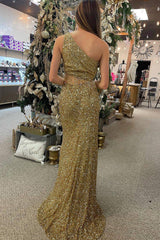 Mermaid One Shoulder Blue Prom Dress Sequined Long Evening Dress with Split Front
