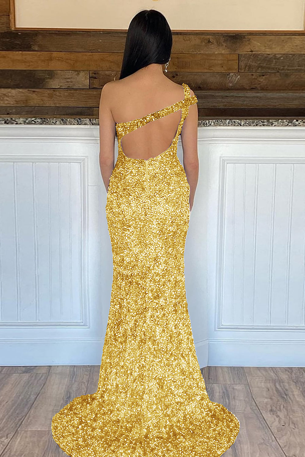 Mermaid One Shoulder Dark Purple Prom Dress Sequined Long Evening Dress