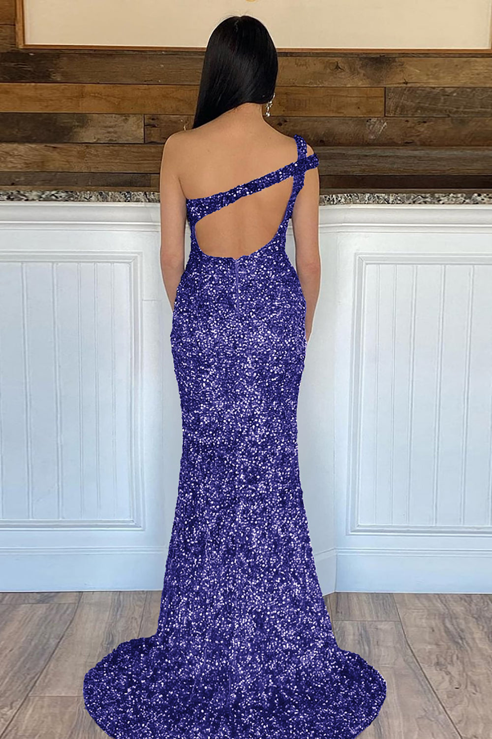Mermaid One Shoulder Dark Purple Prom Dress Sequined Long Evening Dress