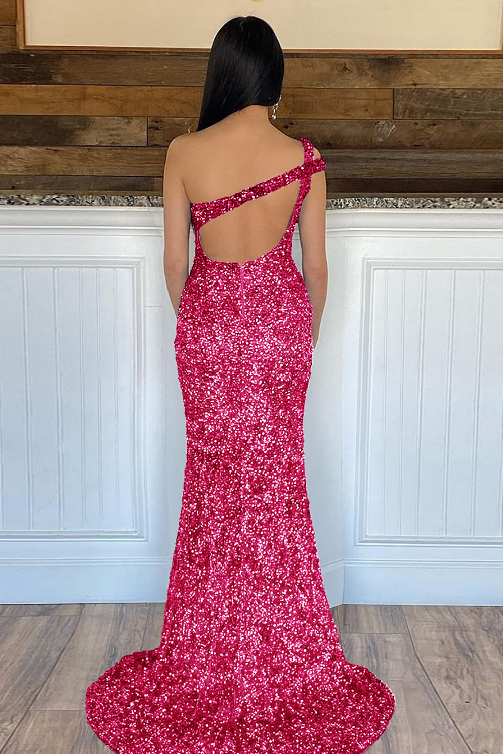 Mermaid One Shoulder Dark Purple Prom Dress Sequined Long Evening Dress