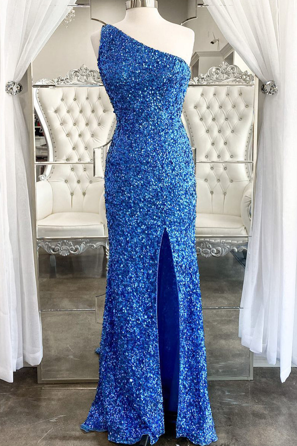 Mermaid One Shoulder Dark Purple Prom Dress Sequined Party Dress