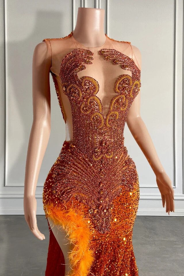 Mermaid Orange Sequined Formal Dress Lace Sleeveless Prom Dress with Feathers