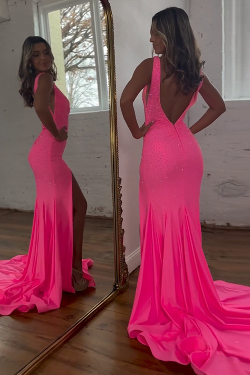 Mermaid Pink Prom Dress V Neck Beaded Evening Dress With Split