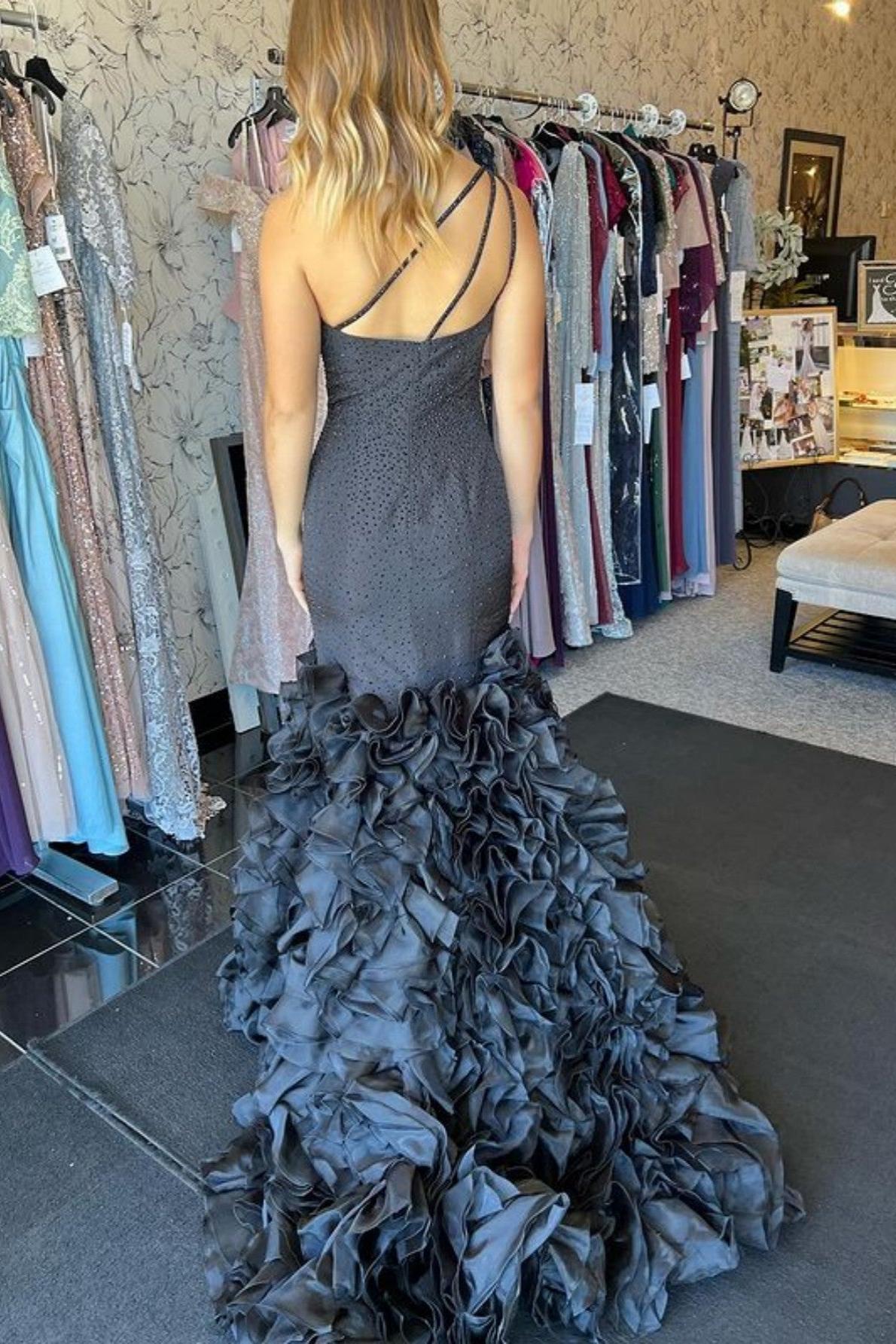 Mermaid Prom Dress Black One Shoulder Tiered Seqins Long Evening Dress