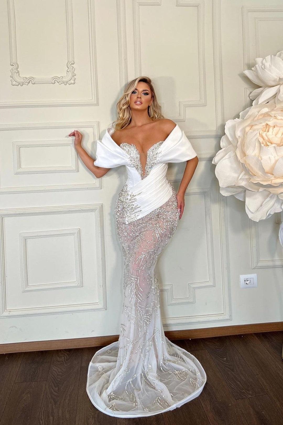 Mermaid Prom Dress Cap Sleeve Off the Shoulder Formal Dress With Beadings and Rhinestones