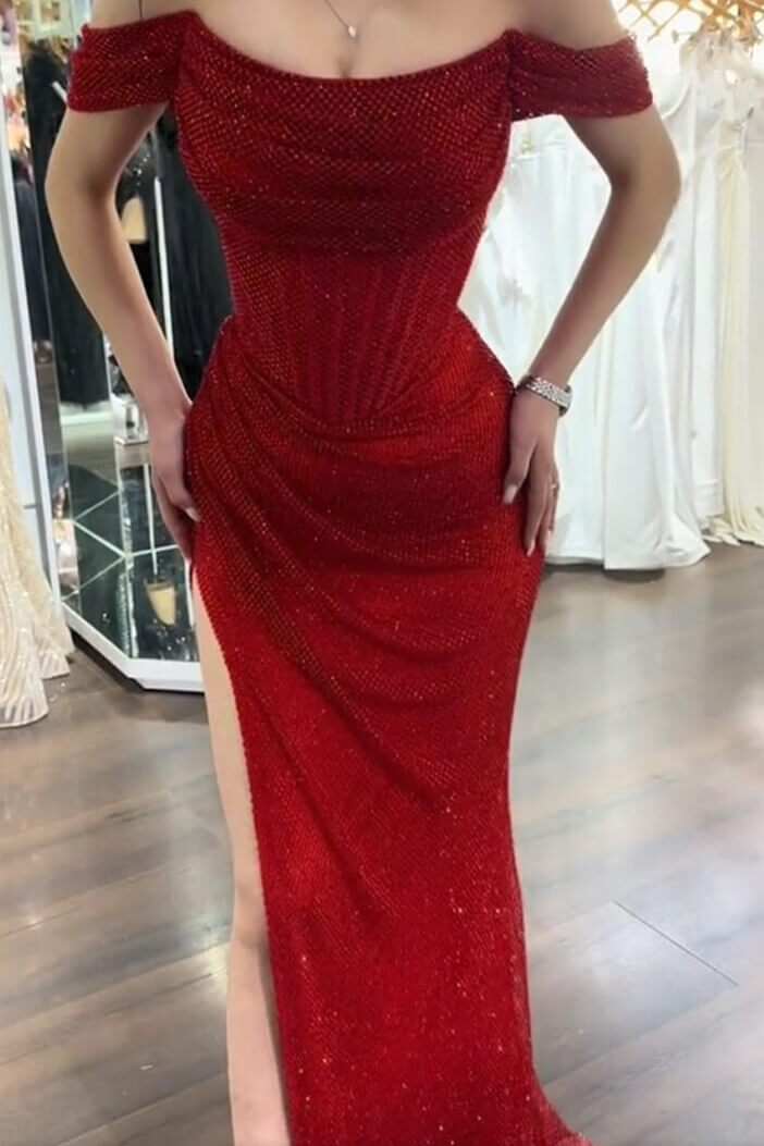Mermaid Prom Dress Cap Sleeve Sequined Off the Shoulder Formal Dress