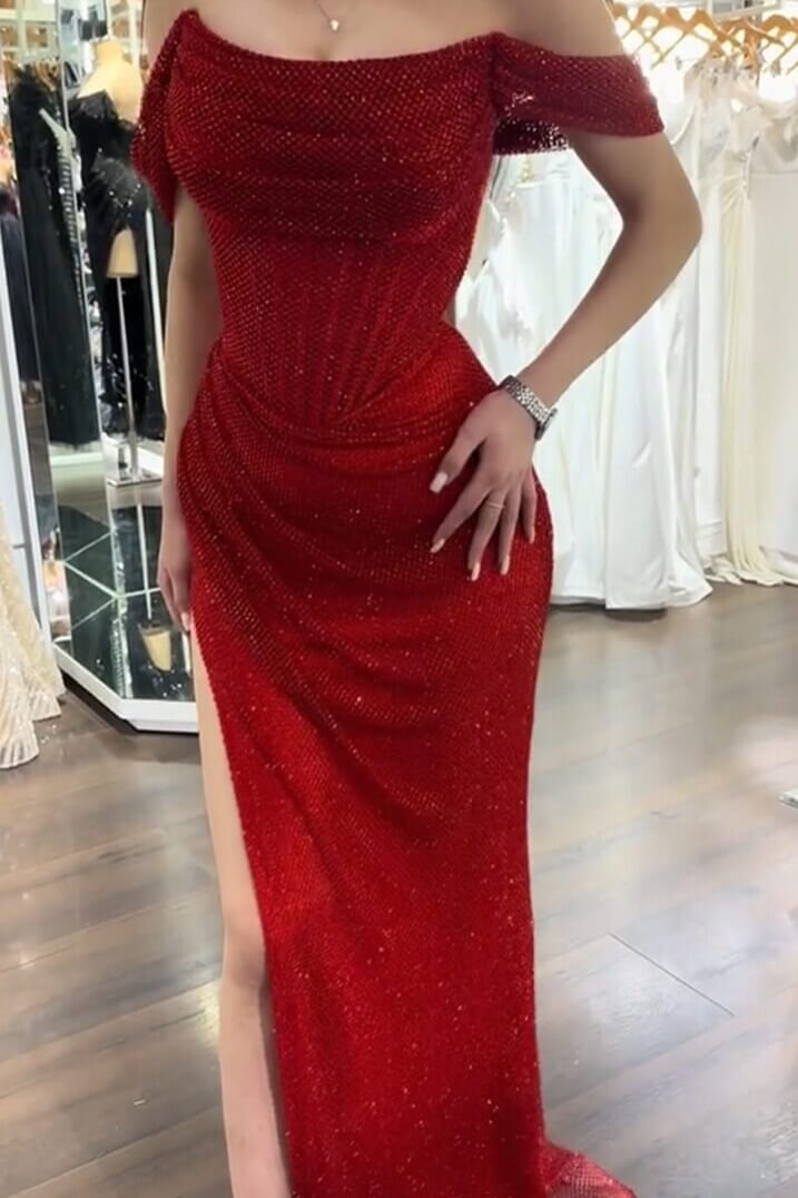 Mermaid Prom Dress Cap Sleeve Sequined Off the Shoulder Formal Dress