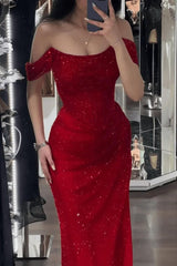 Mermaid Prom Dress Cap Sleeve Sequined Off the Shoulder Formal Dress