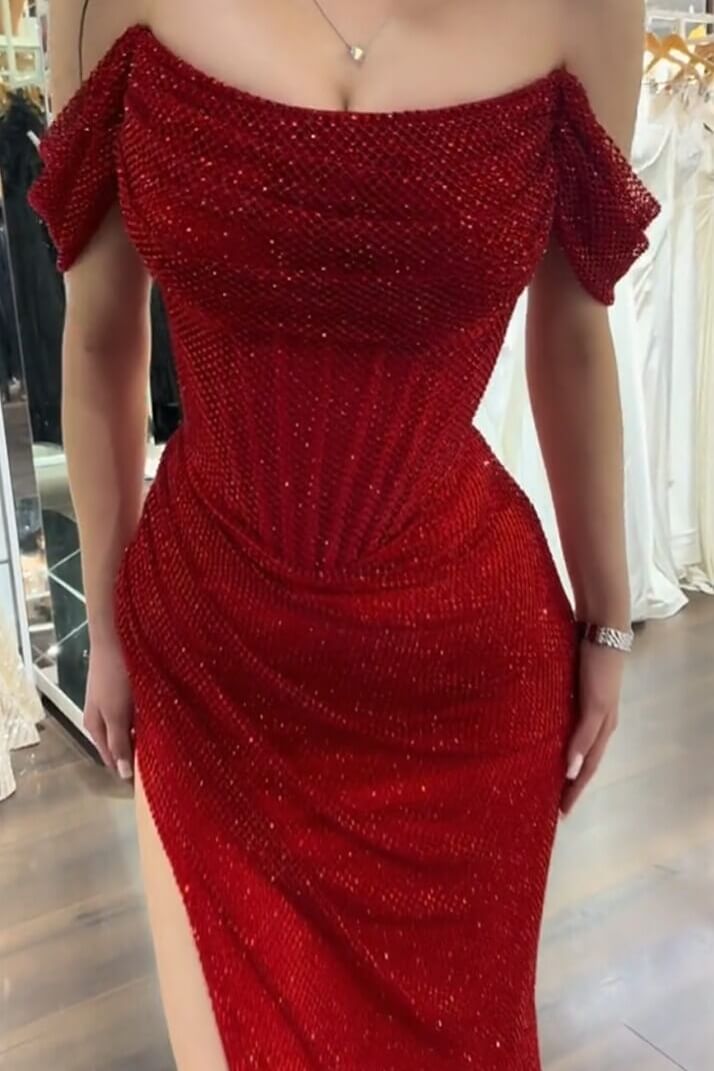 Mermaid Prom Dress Cap Sleeve Sequined Off the Shoulder Formal Dress