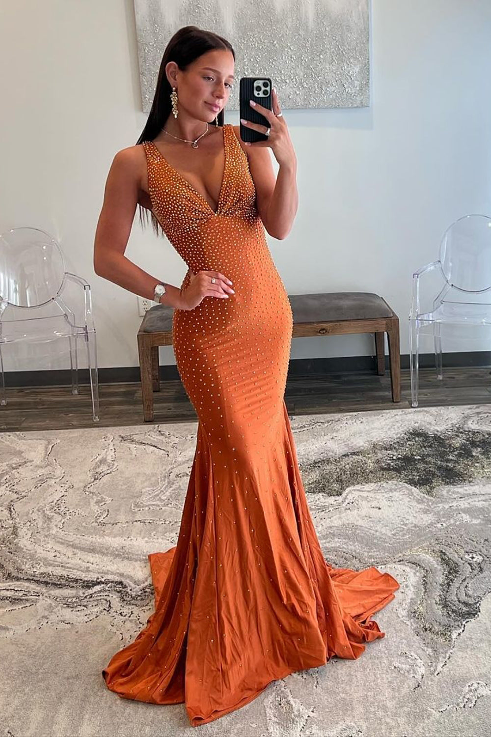 Mermaid Prom Dress Deep V Neck Delicate Beaded Satin Long Evening Dress