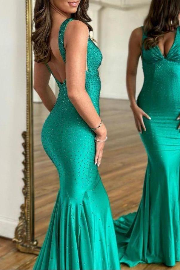 Mermaid Prom Dress Deep V Neck Delicate Beaded Satin Long Evening Dress