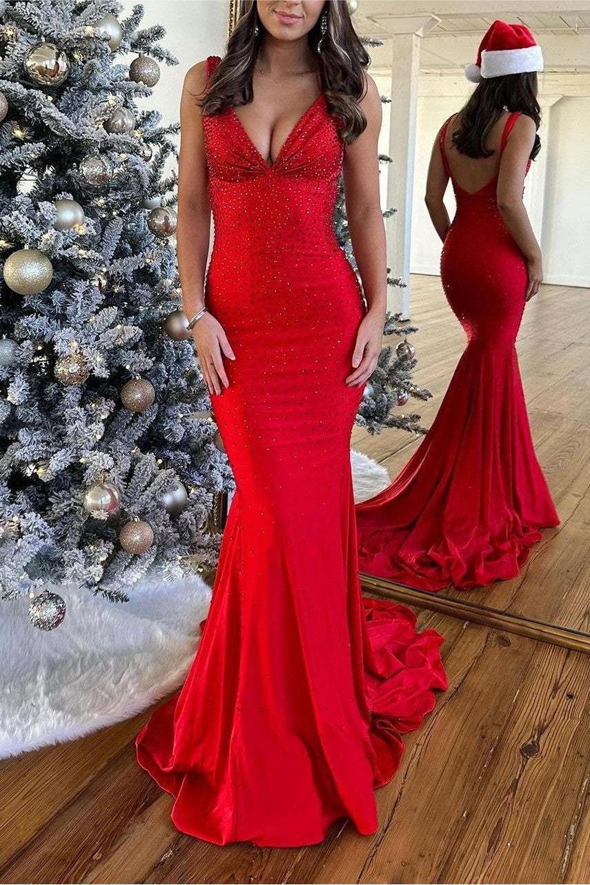 Mermaid Prom Dress Deep V Neck Delicate Beaded Satin Long Evening Dress