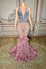 Mermaid Prom Dress Deep V Neck Formal Evening Dress with Beadings and Feathers