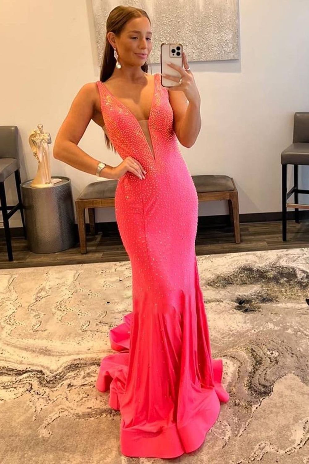 Mermaid Prom Dress Deep V Neck Orange Long Evening Dress with Beading
