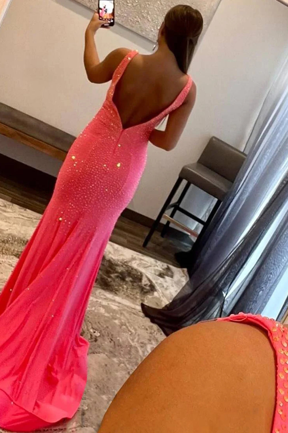Mermaid Prom Dress Deep V Neck Orange Long Evening Dress with Beading