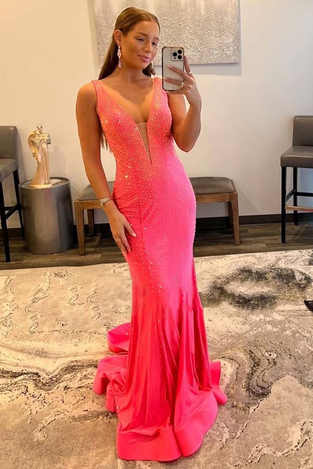 Mermaid Prom Dress Deep V Neck Orange Long Evening Dress with Beading