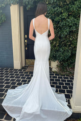 Mermaid Prom Dress Deep V Neck White Long Evening Dress with Beading