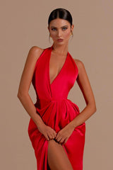 Mermaid Prom Dress Halter Neck Sleeveless Satin Formal Dress