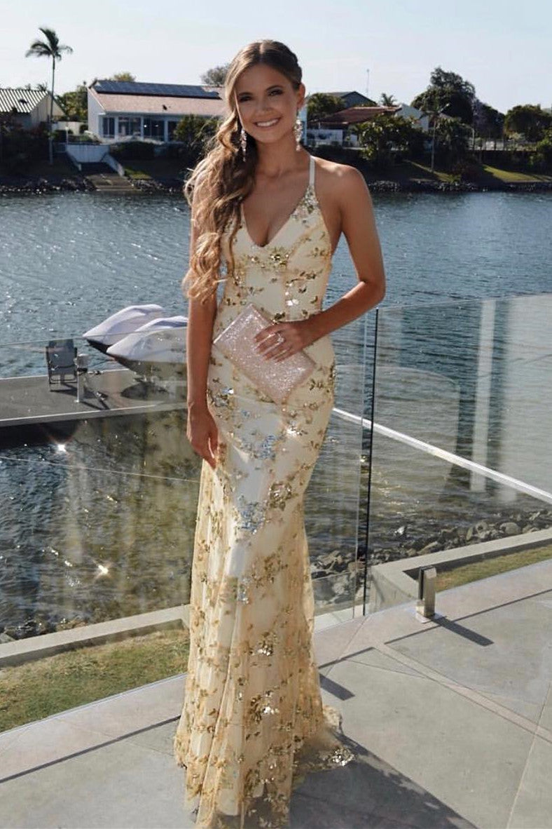Mermaid Prom Dress Lace Up Long Gold Prom Dress Sequined Evening Dress
